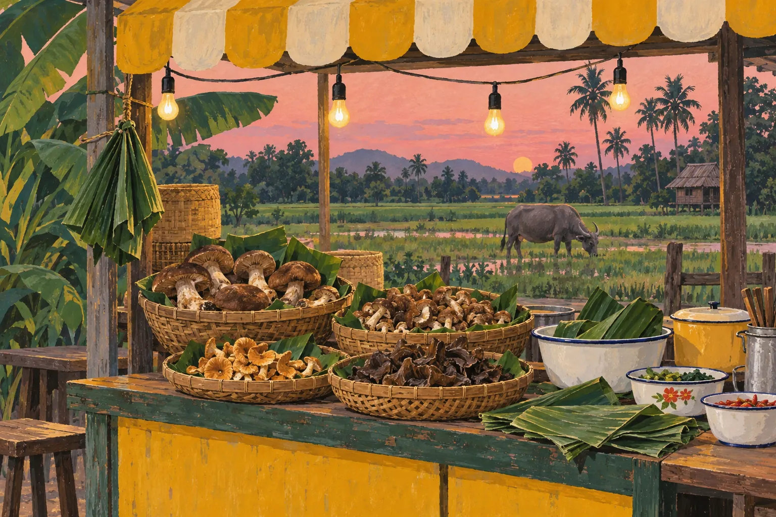 A painted Thai street stall at dusk with baskets of mushrooms, a water buffalo in the field behind it