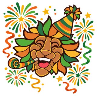 The Dutch-Smart mascot, a lion with a party hat among fireworks
